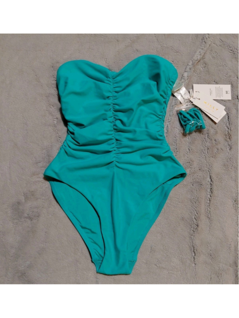 Milly Ruched Slimming Sweetheart Neck One Piece Teal Swimsuit Size XS $275 NWT